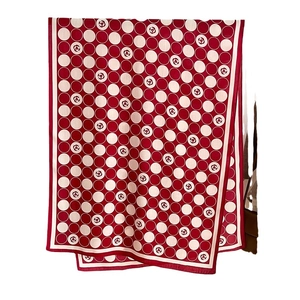 Elegant red silk shawl with white polka dots and camellia pattern for women