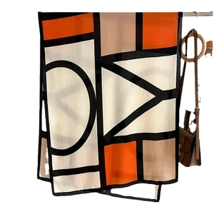 Contrast color geometric silk scarf with orange and beige block patterns for women