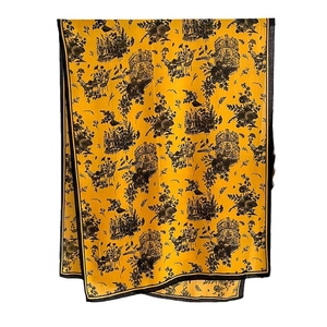 Yellow vintage scarf with black classic architectural and floral prints in rectangular design