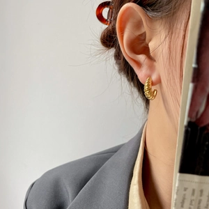 Croissant Stud Earrings Women Stainless Steel French Vintage Threaded Geometric Gold Plated Minimalist Jewelry