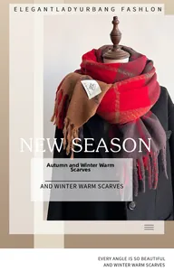 Detail of red and brown plaid scarf with tassels and brand label on black coat