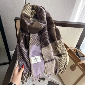 Plaid cashmere-like thick scarf with tassels in vintage brown and purple tones