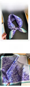 Détail macro du foulard en soie de mûrier à motif lavande avec bordure verte élégante