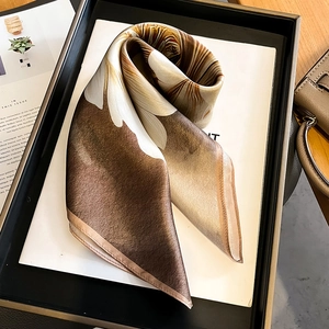 53cm mulberry silk square scarf with elegant floral patterns in brown and pearl white