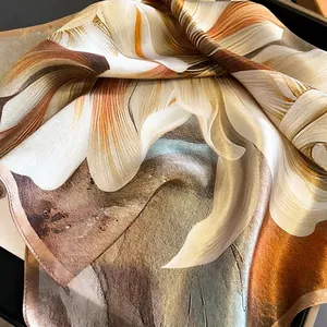 Elegant 100% mulberry silk square scarf with floral print and rolled edges