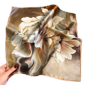 53cm square silk scarf with brown floral pattern and polished satin finish for women