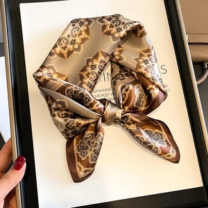 Mulberry Satin Square Scarf Vintage Mandala Floral Print Neckerchief Elegant Hair Band Neck Wrap For Women