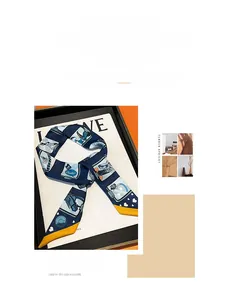 Detail of blue twilly silk scarf with vintage horse print and yellow contrast tips