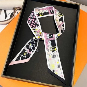Fashionable pink and black printed handbag handle silk scarf with Paris typography