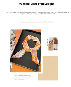 Close-up of 5x95cm vintage orange printed twill silk scarf detail and premium texture