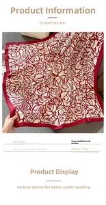 Macro detail of red and white rose pattern on 90x90cm soft polyester scarf