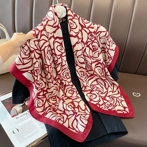 Women Fashion Rose Floral Print Scarf Polyester Satin Feel Large Square Shawl Elegant Neck Kerchief Accessory
