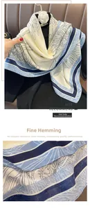 Detail of the fine overlock stitching on the blue floral silk scarf and shawl