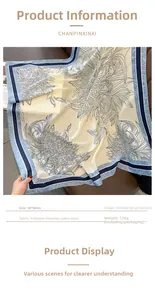 Detail of 90x90cm floral scarf featuring blue and yellow protea prints on soft fabric