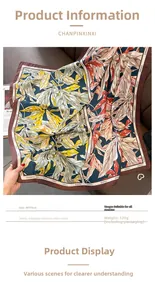 Detailed view of 90x90cm vintage floral print scarf in deep blue and autumn orange colors