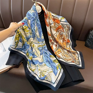 Vintage Tropical Leaf Print Square Scarf Satin Feeling Polyester Shawl Elegant Fashion Neckerchief For Women