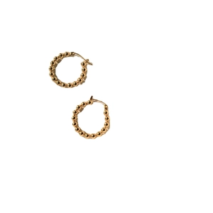 Minimalist gold beaded hoop earrings for women with a polished metallic finish on white background