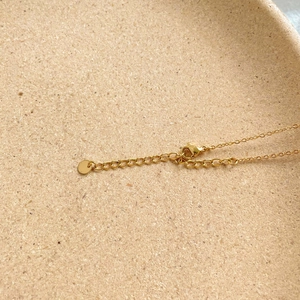 Detail of golden double loop chain with lobster clasp and adjustable extension link
