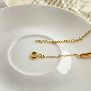 Detailed close-up of golden tube chain bracelet with spring clasp and extender link