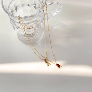 French style layered gold necklaces with rectangular red ruby and white zircon pendants