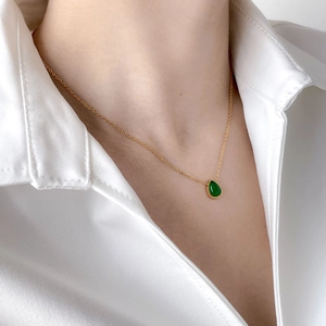 Collier En Acier Inoxydable Plaqué Or Pendentif Agate Verte Larme Carré Oeil De Chat Géométrique Bijoux Minimalistes Pour Femmes
