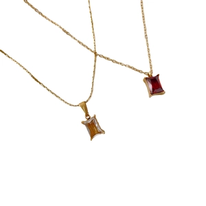 French style stacking necklaces with rectangular red and champagne cubic zirconia pendants