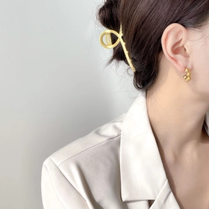 Detail shot of elegant gold twisted hair clip and clustered bead earrings on a model