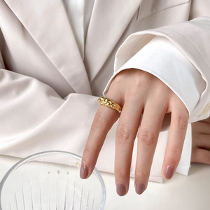 French vintage hammered texture wide gold ring with elegant textured irregular finish