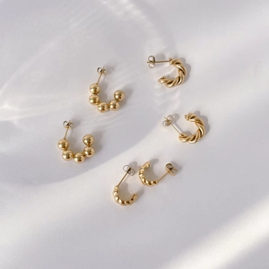 Twisted C-Shaped Hoop Earrings For Women Stainless Steel Gold Plated Minimalist Round Bead Textured Geometric Jewelry