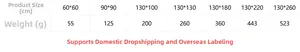 Size and weight specification chart for chiffon tablecloths in various dimensions