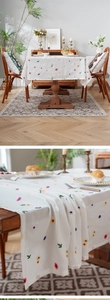 Close-up of floral embroidery on a white thickened polyester tablecloth for dining tables