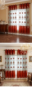 Detail of luxury European curtains with vintage floral embroidery and white lace tassels