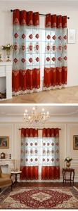 Detail of European luxury curtains with red damask embroidery and fine white tassel fringe