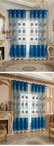 Close-up of luxury blue European style curtains with intricate floral embroidery details