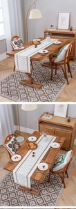 Close-up of geometric diamond embroidery and fringe tassels on polyester table runner