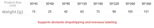 Size chart for lace table runner showing dimensions from 30x45cm to 30x360cm with weights