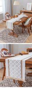Close-up of ivory crochet table runner with geometric hollow patterns and fringe trim