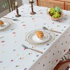 Thickened white tablecloth with colorful floral embroidery for elegant home dining decor