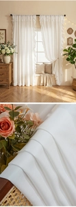 Detail of white ruffled sheer curtains featuring a textured weave and elegant wavy edges