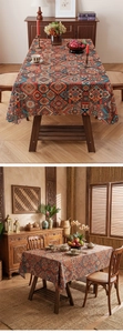 Macro detail of Bohemian geometric pattern printed on rectangular linen-blend tablecloth