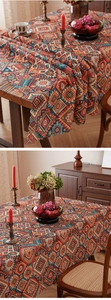 Macro detail of bohemian geometric tablecloth showing cotton linen fabric and wavy edges