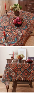 Detailed macro view of bohemian geometric pattern on premium linen tablecloth fabric
