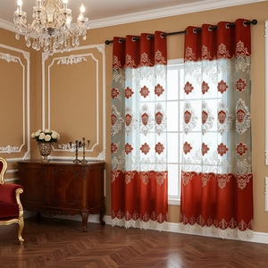 Vintage European luxury red embroidered curtains with gold floral relief and lace trim decor