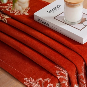 Luxury red velvet table runner with exquisite gold embroidery for home decor