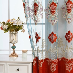 European vintage luxury gold embroidery sheer curtain with red and blue floral patterns
