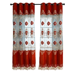 Luxury European vintage red blackout curtains with blue sheer embroidery and metal rings