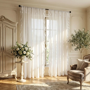 Rideau Voilage à Volants Rétro Français pour Salon Chambre à Coucher Filtrage de la Lumière Polyester Voile Fantôme Passant de Tringle