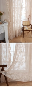 Detail of French lace curtain featuring ruffled edges and elegant damask patterns