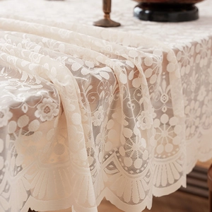 French romantic cream hollow lace floral tablecloth with elegant scalloped edges for home