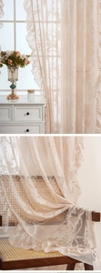 Detail of French beige lace curtain with crochet floral pattern and ruffled edges